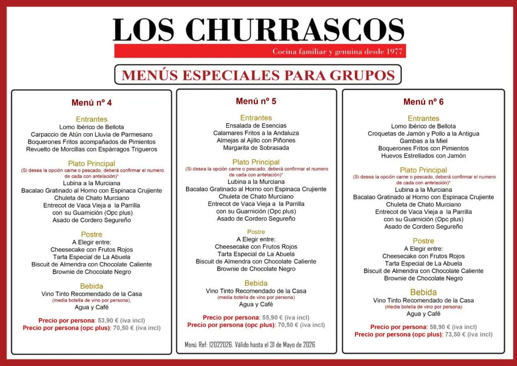 Segunda página del menú especial para grupos del restaurante Los Churrascos en Cartagena, El Algar, Murcia.