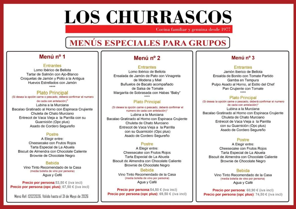 Primera página del menú especial para grupos del restaurante Los Churrascos en Cartagena, El Algar, Murcia.
