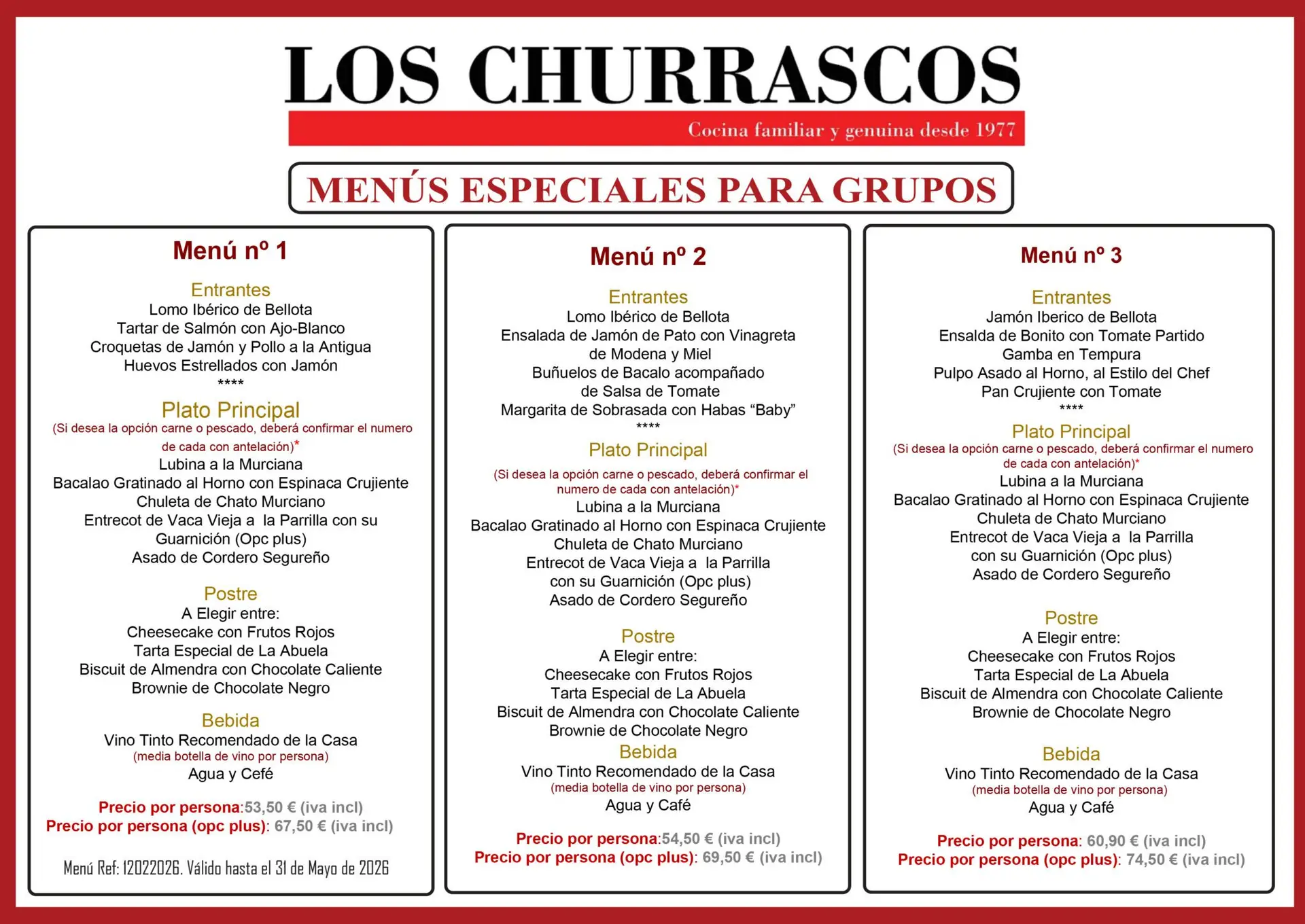 Primera página del menú especial para grupos del restaurante Los Churrascos en Cartagena, El Algar, Murcia.